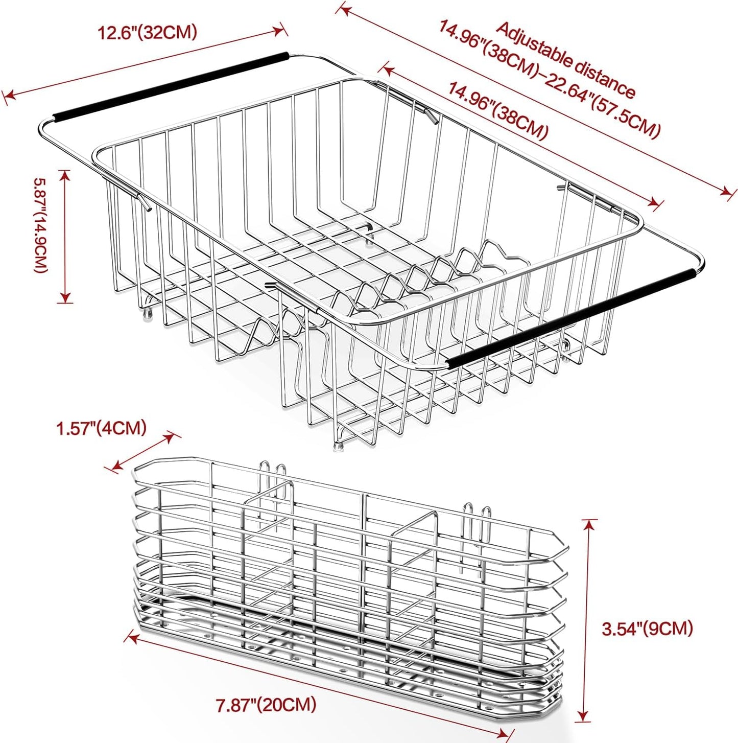 Large Sink Dish Drying Rack, Expandable 304 Stainless Steel Metal Dish Drainer Rack Organizer Shelves with Stainless Steel Utensil Holder Over Inside Sink, Rustproof