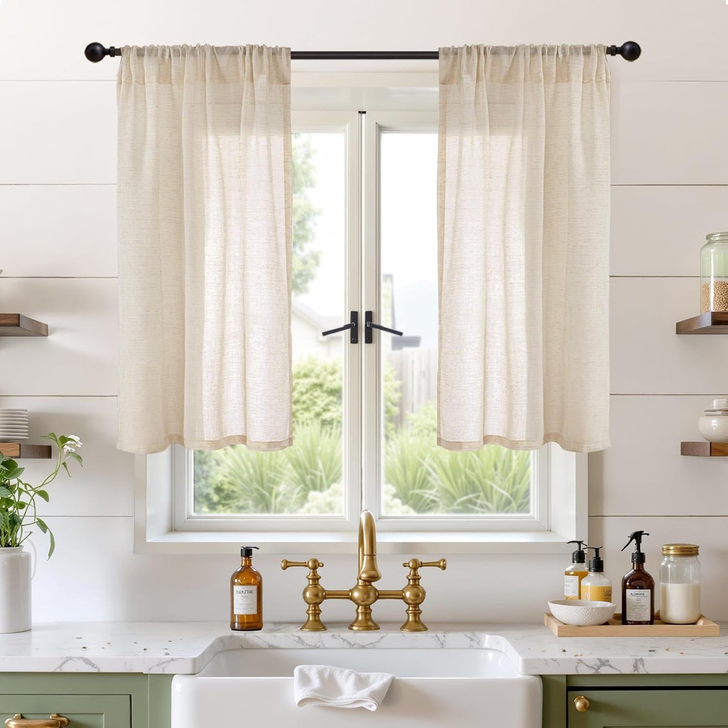 BGment Linen Natural Curtains 40 Inch Length for Short Window - Rod Pocket Small Drapes Light Filtering for Cafe Bedroom Semi Sheer Lightweight Burlap Rustic, 2 Panels Set, 30 X 40 Inch