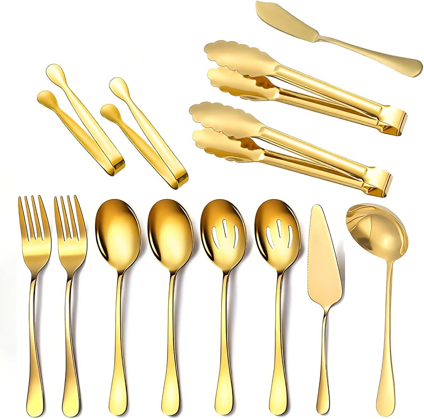 13 Piece Gold Large Serving Utensils, Stainless Steel Include Serving Spoons, Slotted Spoons, Forks, Serving Tongs, Soup Ladle, Pie Cake Server, Appetizers Tongs. Ideal for Buffets/Parties/Wedding