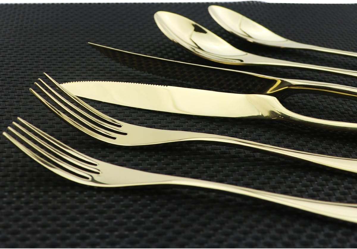 Flatware Set 18/10 Stainless Steel Mirror Polished Champagne gold Cutlery - Silverware Utensil Set of Steak Knife Dinner Fork Knife Spoon Salad Fork Dessert Spoon,6 Piece Service for 1