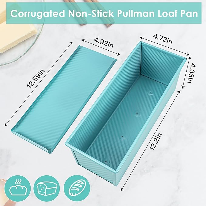 Blue Pullman Loaf Pan with Lid, 2.2LB Bread Loaf Pan, PFTE &PFOA Free Non-Stick Surface Ensure Safe and Healthy Baking, Unique and Reliable Bread Pan Add A Touch of Elegance to Your Kitchen