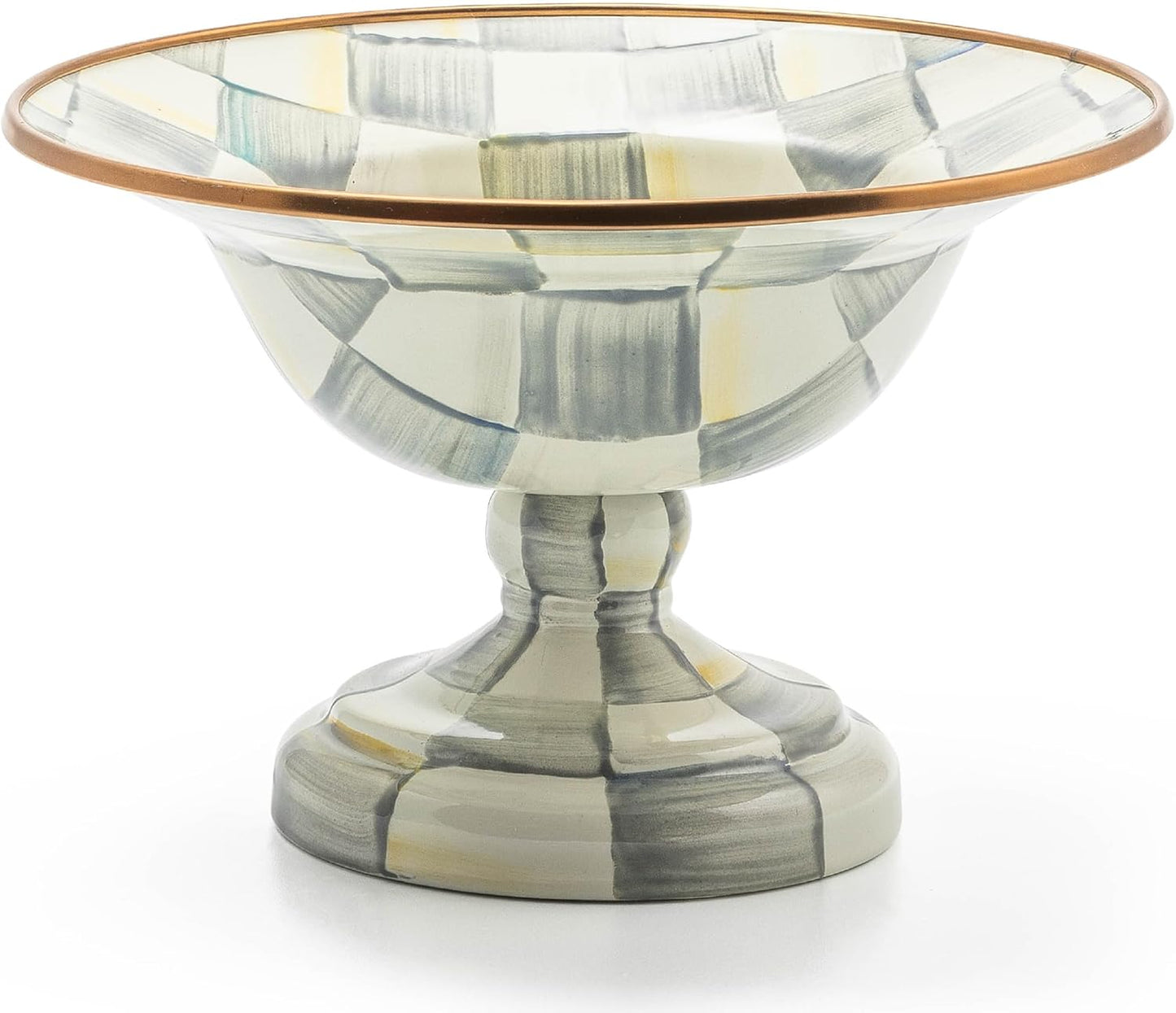 MACKENZIE-CHILDS Enamel Compote, Cute Enamel Pedestal Serving Dish or Decorative Bowl, Small, Gray-and-White Sterling Check
