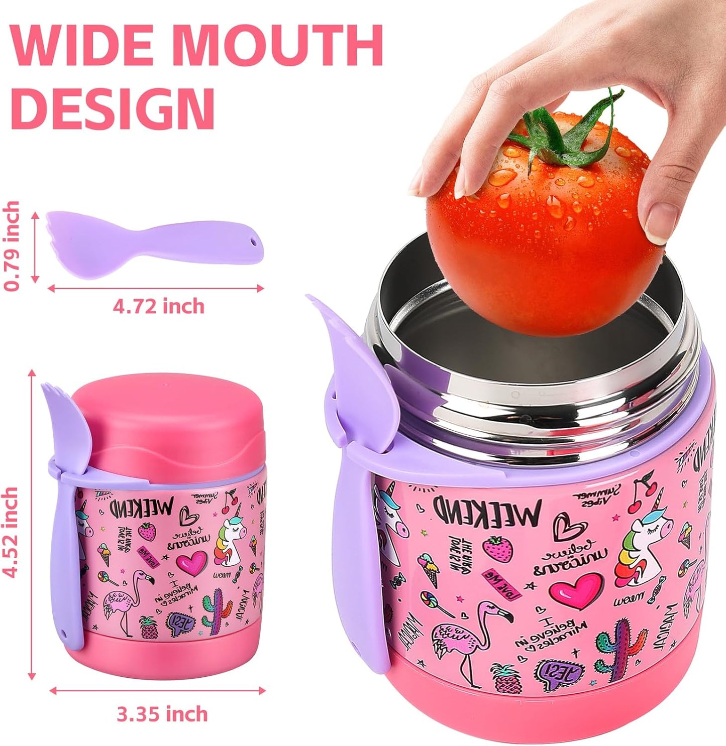 10oz Soup Thermo for Hot Food Kids Insulated Food Jar,Thermo Hot Food Lunch Container, Width Mouth Stainless Steel Lunch Box for Kids with Spoon (Pink-flamingo)