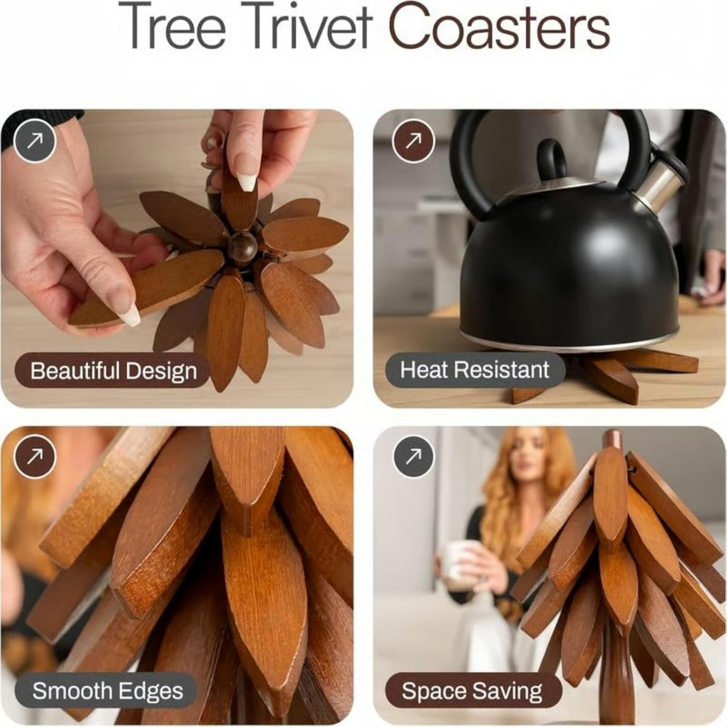 Walnut Wood Tree Trivet Set, Wooden Trivets for Hot Dishes-Tree Shape Trivet Set, Foldable Kitchen WoodenTrivet,for HotDishes Pot Bowl Teapot Hot Pot Holder (Walnut-5 Bracket)
