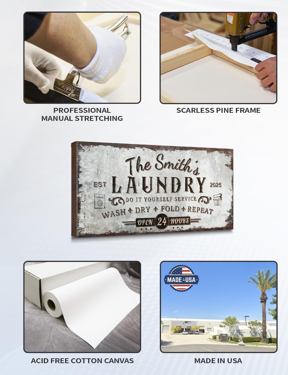 IPIC - Personalized Laundry Room Sign, Custom Canvas Wall Art with Family Name, Rustic Farmhouse Wall Decor and Accessories for Business and Home, Wash Dry Fold Repeat