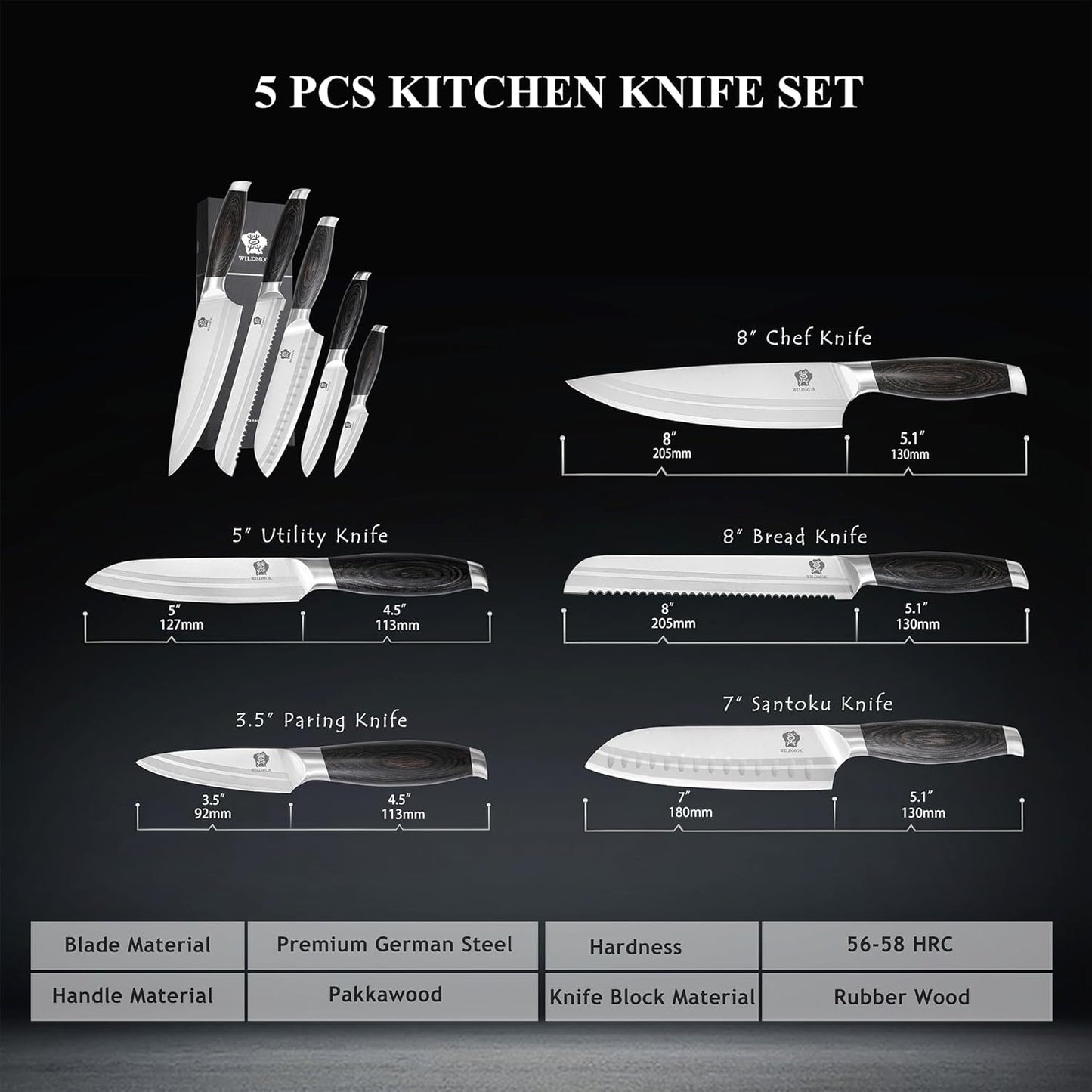 WILDMOK Professional Knife Set, 5 Pieces Kitchen Knife Set, German Stainless Steel Chef Knife Set withGift Box, Black Pakkawood Handle