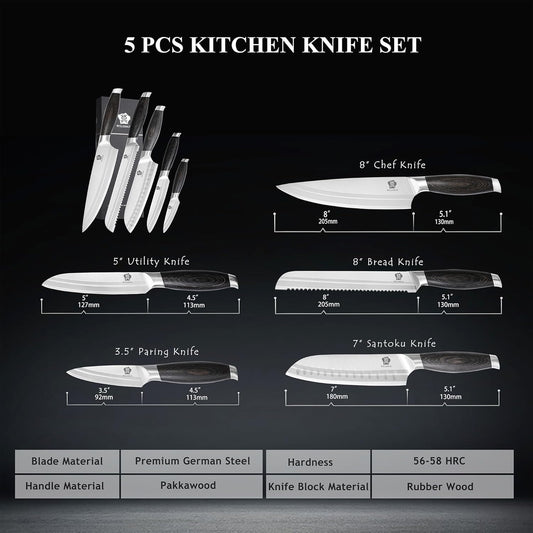 WILDMOK Professional Knife Set, 5 Pieces Kitchen Knife Set, German Stainless Steel Chef Knife Set withGift Box, Black Pakkawood Handle