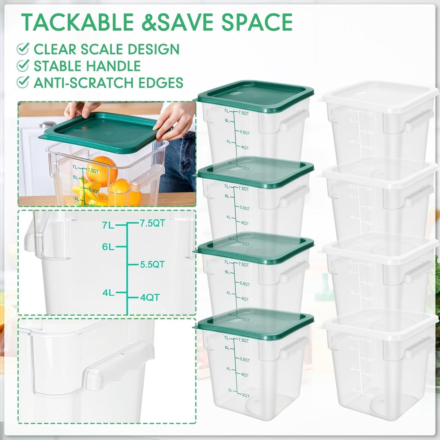 Lallisa 8 Pack 8 Qt Clear Food Storage Container with Handles and Lid Commercial Grade Square Food Storage Containers Polycarbonate Air Tight box for Home Kitchen Restaurant (Green, White)