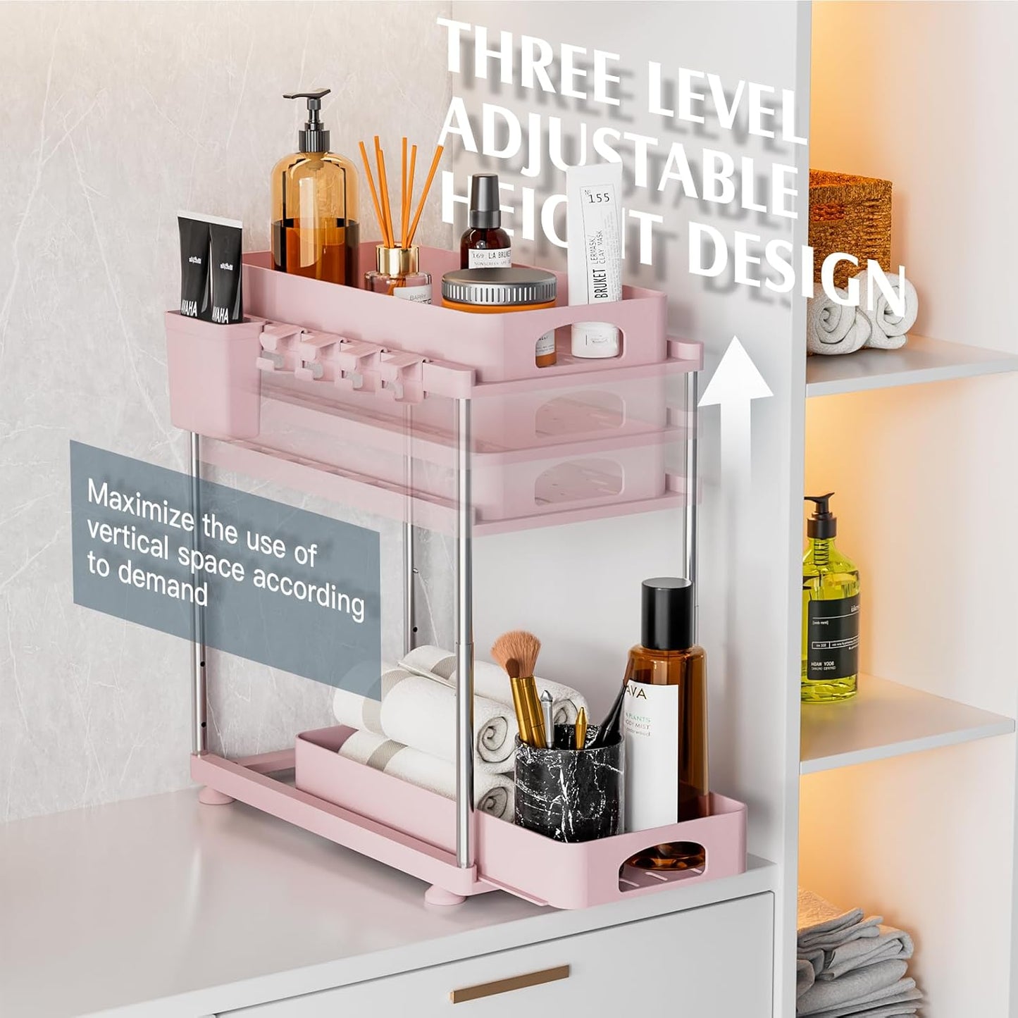 Under Sink Organizer, 2 Pack Kitchen and Bathroom Cabinet Organizer, 2 Tier Adjustable Height Storage, Pink