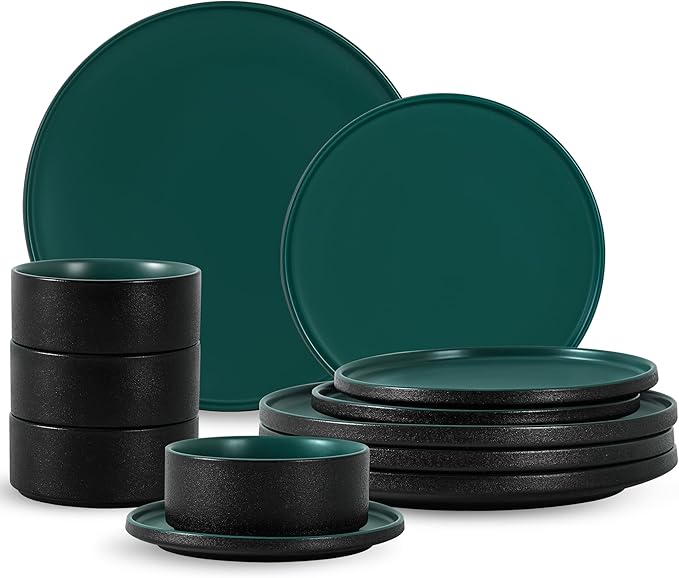 12 Piece Ceramic Dinnerware Set for 4, Modern Minimalist Stoneware Dinner Plates and Bowls, Microwave Safe, Dishwasher Safe, Versatile for All Seasons, Matte Green