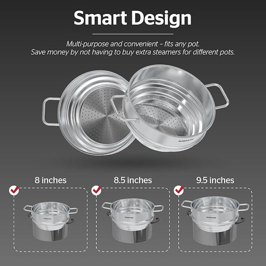 SUNHOUSE 5 Quart Stainless Steel Steamer Insert – Multi-Purpose Soup & Food Steamer with Stay-Cool Handles & Heavy-Duty Glass Lid – Fits Various Pot Sizes (8", 8.5", 9.5")