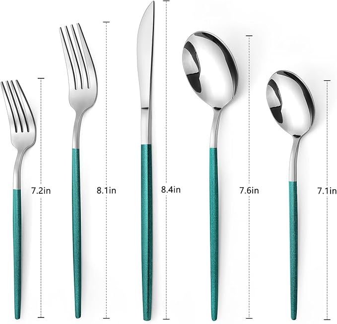 Mirror Silver Green Silverware Set, 20-Piece Stainless Steel Flatware Set, Satin Finish tableware Cutlery Set, Service for 4, Home and Restaurant, Dishwasher Safe