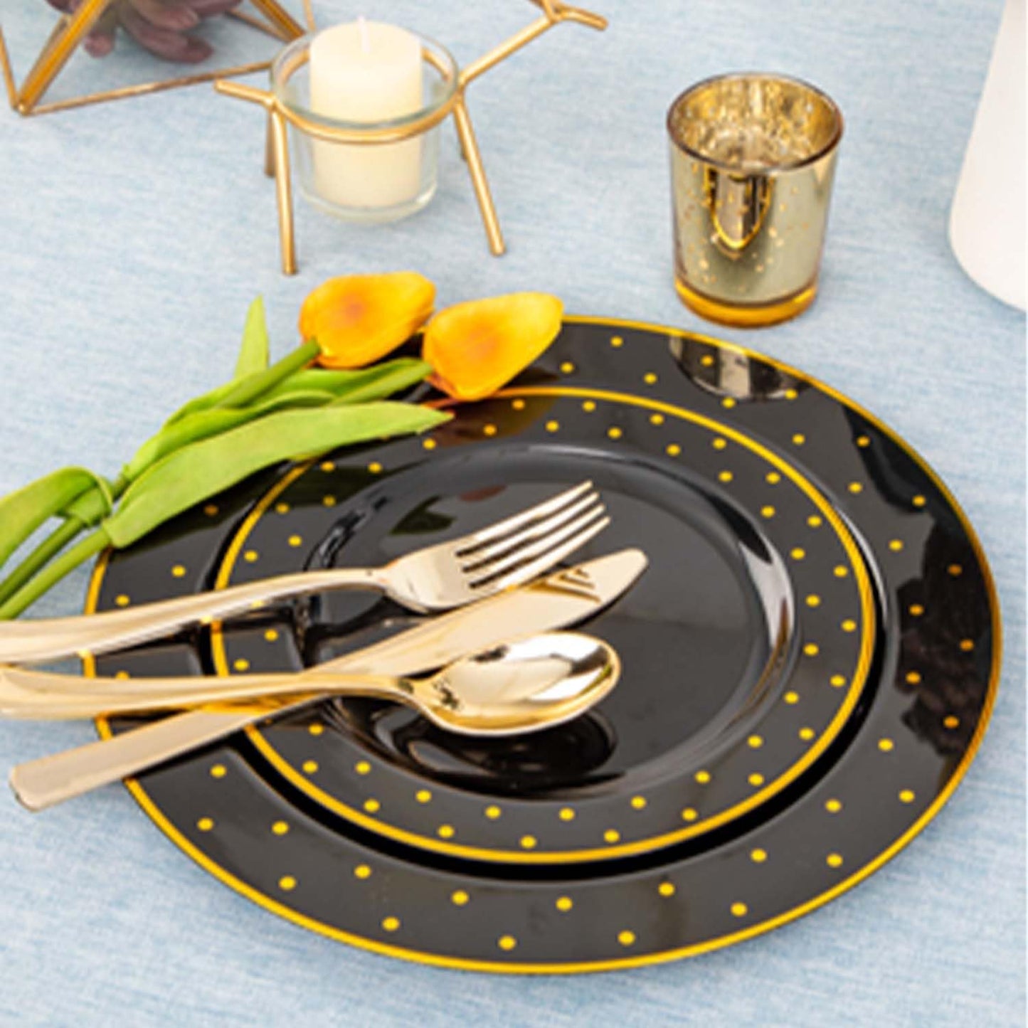 DaYammi 200Pcs Black and Gold Plates Black Plastic Disposable Plates for Party Black Gold Supplies Includes 40 Dinner Plate,40 Dessert Plate,40 Forks,40 Knives,40 Spoons for Halloween Party