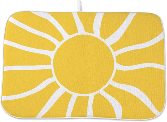 Summer Dish Drying Mat 18 x 24 inch, Yellow Sunshine Decorative Decorative Drying Mats Microfiber Absorbent Dish Washable Draining Mat for Kitchen Counter Decor