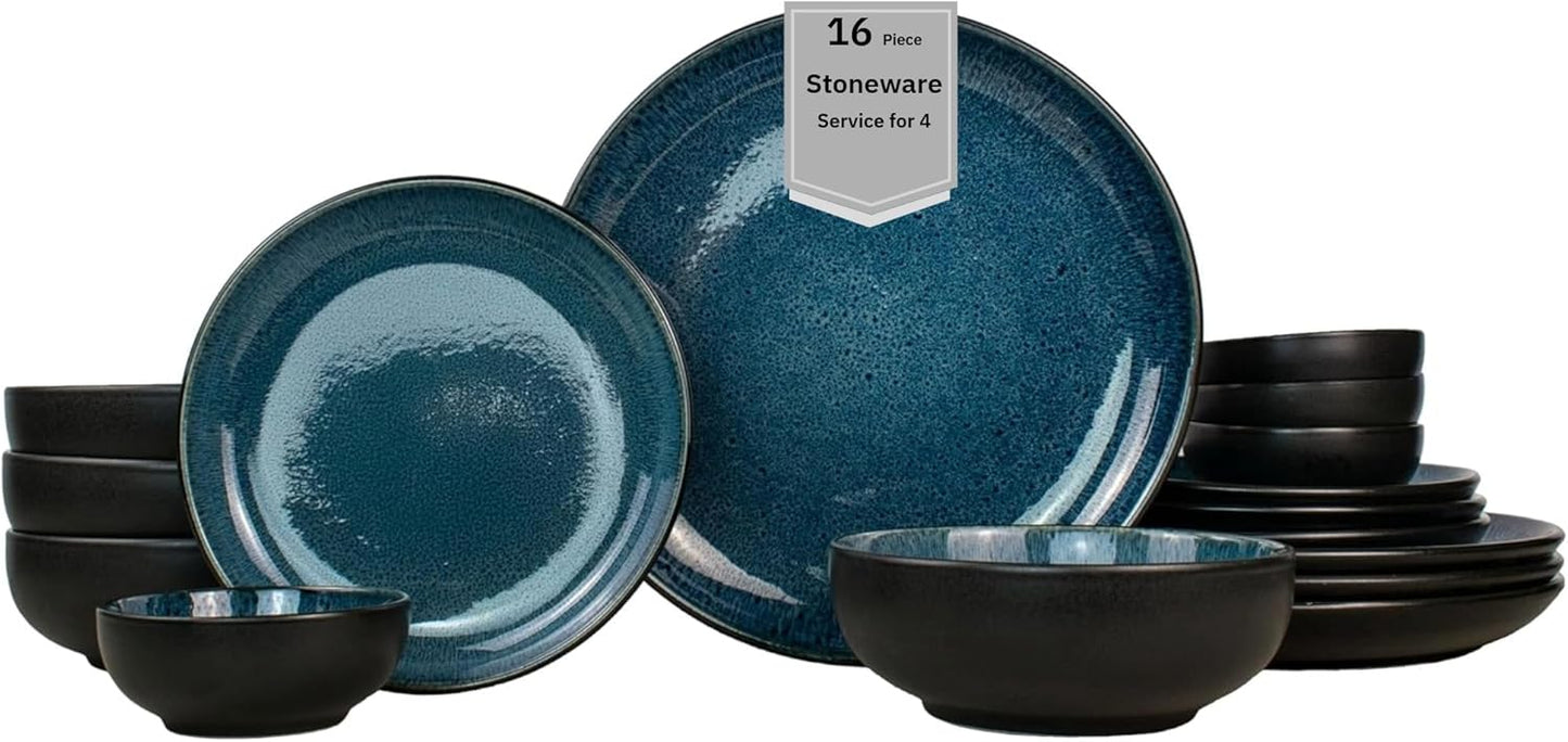 Sango 16-Piece Stoneware Dinnerware Set for 4, Glossy Black & Blue Plates and Bowls Sets with Reactive Glaze, Ceramic Dish Set, Modern Dishes for Everyday Dining, Microwave & Dishwasher Safe, Resona