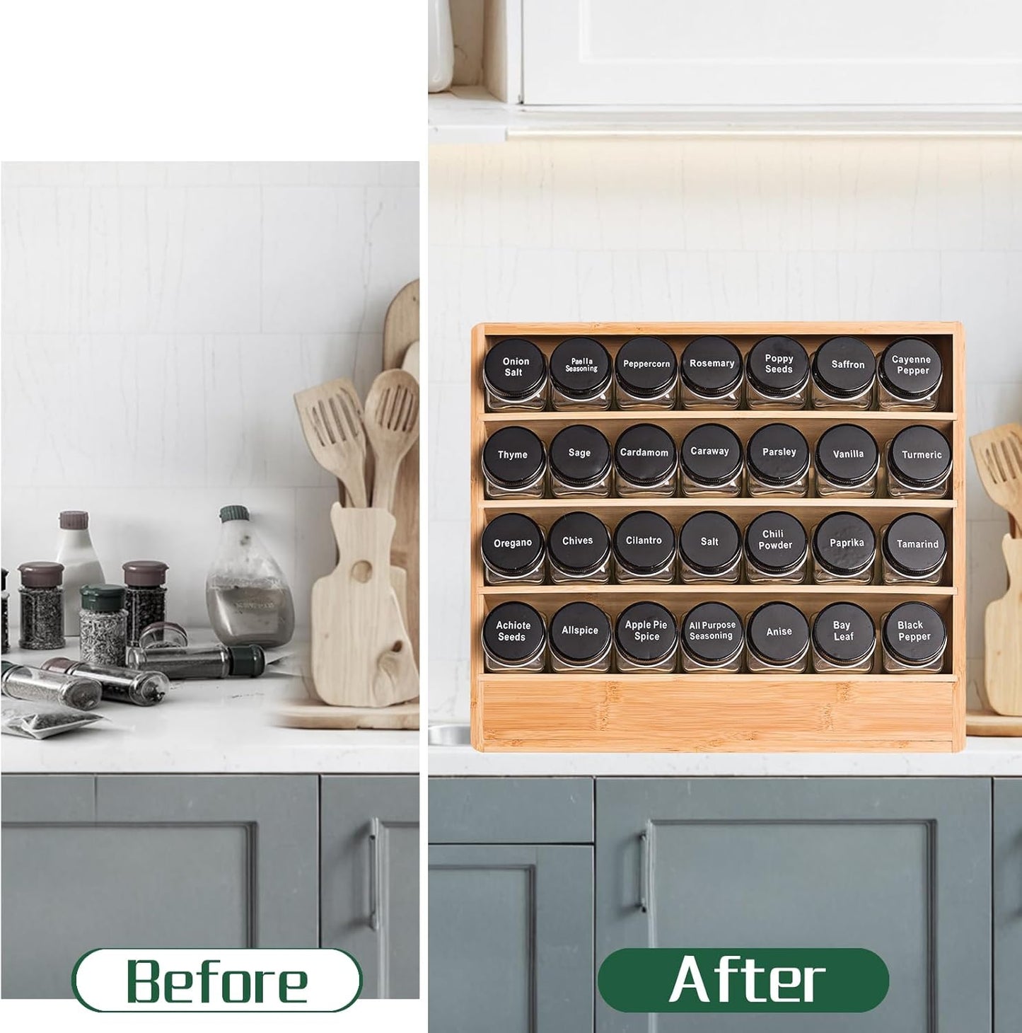 Bamboo Tiered Spice Rack Organizer for Cabinet,Wooden Seasoning Rack for Countertop, Cupboard, Pantry, Kitchen (Spice Jars Included)