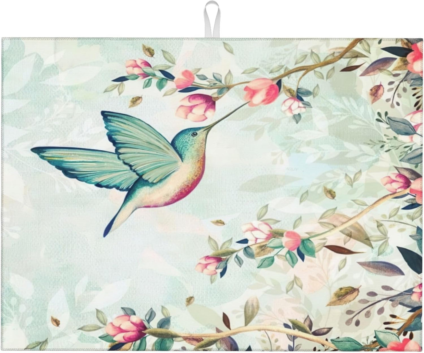 Hummingbird Flowers Dish Drying Mat 18x24 Inch, Microfiber Absorbent Fast Dry Mat Large Dish Mat Drying Kitchen Mat, Kitchen Drying Pad for Kitchen Counter Coffee Bar Decor Gifts