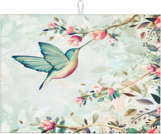 Hummingbird Flowers Dish Drying Mat 18x24 Inch, Microfiber Absorbent Fast Dry Mat Large Dish Mat Drying Kitchen Mat, Kitchen Drying Pad for Kitchen Counter Coffee Bar Decor Gifts