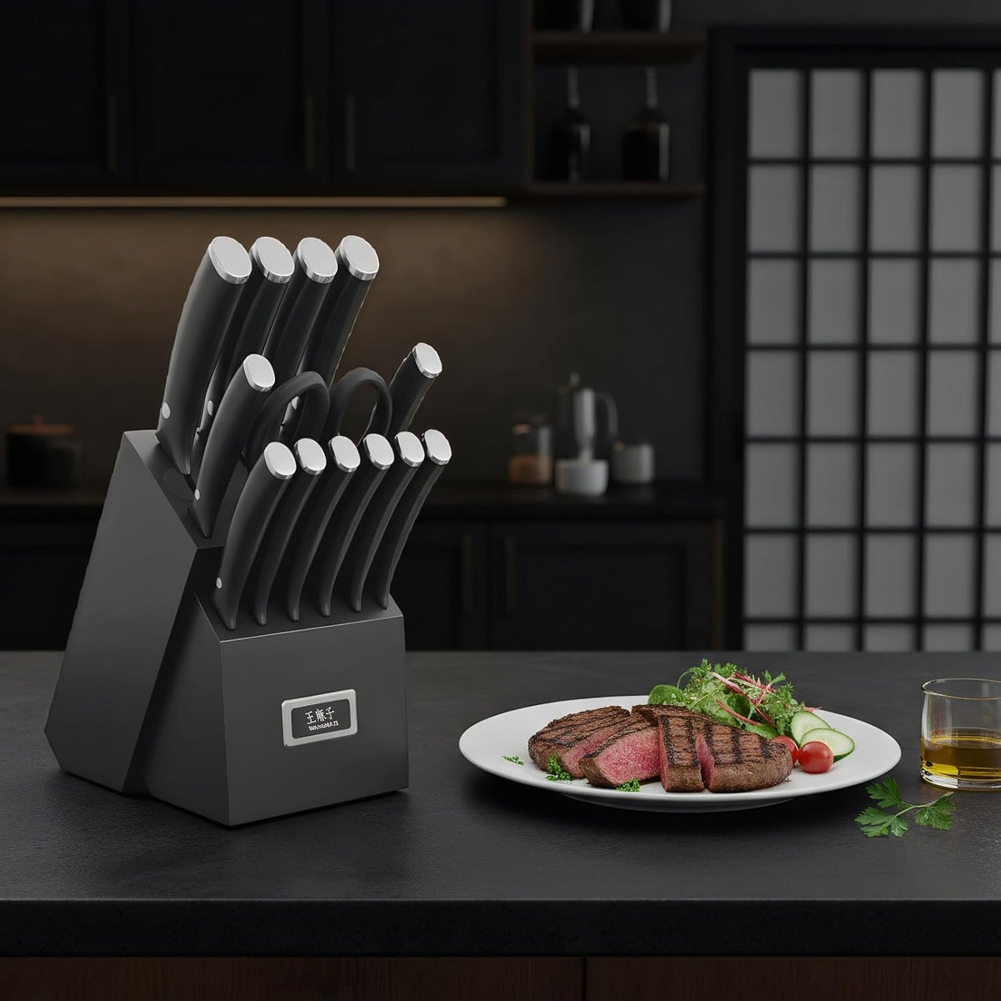 Newly Updated Chef Knife Set Sharp Blade Rivet Ergonomic Handle Knife Block Set Hundreds of Years of Masterful Craftmanship(Black,15PCS)