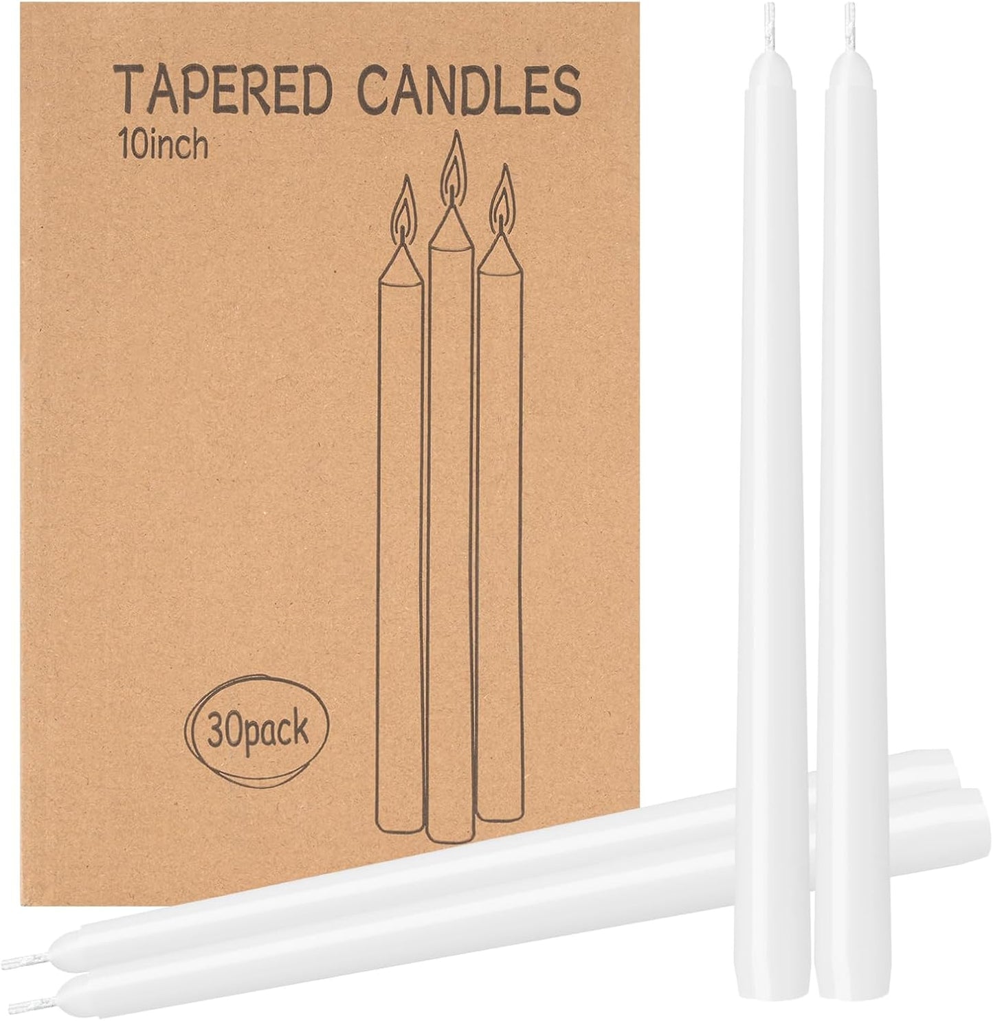30 Pack White Taper Candles - 10 inch Dripless, Smokeless & Unscented | Long Burning 8 Hours | Hand Poured Tall Candlesticks | Bulk Decorative Candles for Home, Weddings & Parties