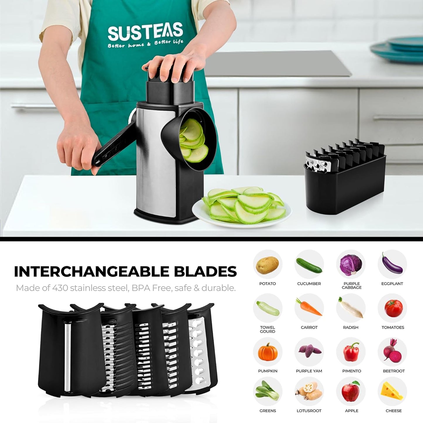 SUSTEAS Rotary Cheese Grater with Handle, Kitchen Mandoline Vegetable Slicer with 5 Interchangeable Blades, Easy to Clean, Strong Suction, Grater Slicer for Fruit, Vegetables, Nuts, with Storage Case