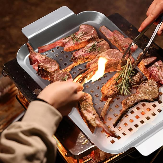 Grill Pan Set of 2, BBQ Grill Topper for Outdoor Grill, Stainless Steel Grilling Baskets with Holes and Handles, Perforated Food Tray Barbecue Accessories for Vegetable, Fish, Large