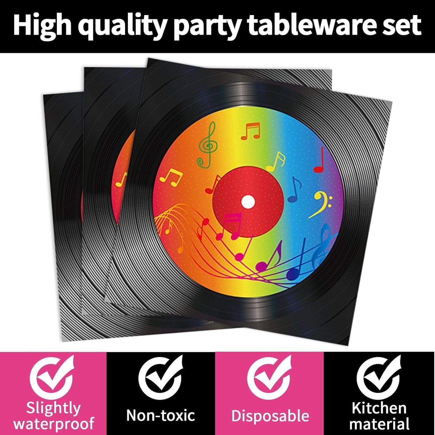 200 PCS Vinyl Record Tableware Disposable for 1950's Rock Music Party Supplies Back to 50s Rock Dinnerware Set Dessert Paper Plates Napkins Forks 50's Theme Party Retro Decorations Serve 50 guest