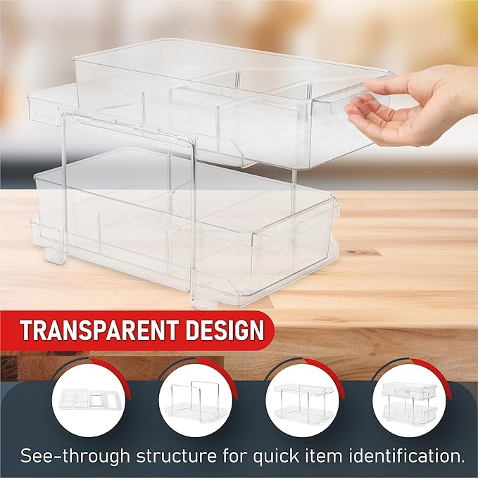 Masirs 2-Tier Clear Pull-Out Drawer Organizer - Sleek, Compact & Sturdy Makeup and Closet Organizer - Easy Assembly Kitchen Storage Solution, Ideal for Makeup, Tools, Medicines & Snacks - Pack of 2