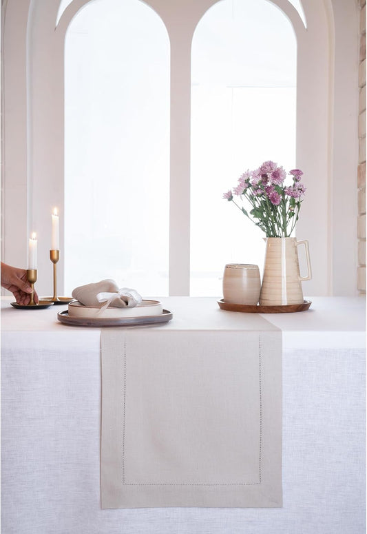 D'Moksha Homes Linen Silver Grey Table Runner 84 Inches Long - 100% Pure Linen Table Runner 14 x 84 Inch for Fall, Autumn and Halloween - Classic Hemstitch