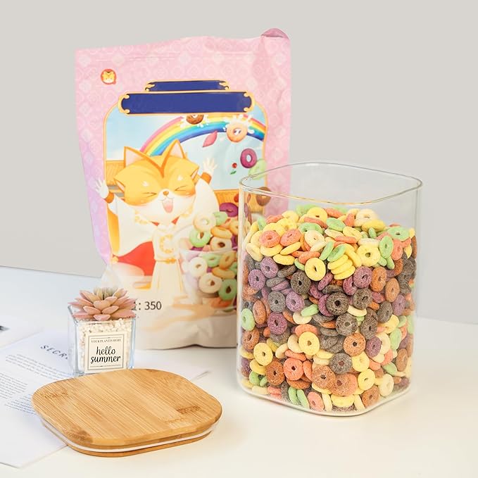 Liuruiyu 2-Pack Square Glass Food Storage Jars, 108oz (3.37 QT) – Airtight Clear Glass Canisters with Bamboo Lids for Kitchen Organization, Tea, Coffee, Flour, Sugar, Candy, Cookies, and Spices