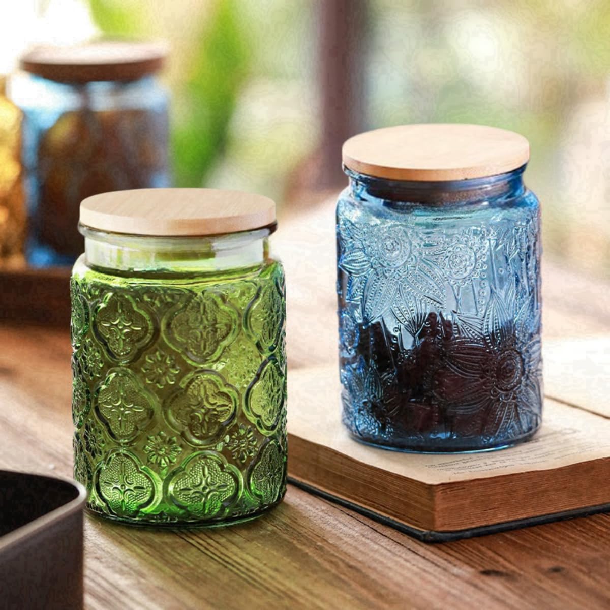 ANSQU 4-Pack Vintage Glass Jars with Airtight Lids, 23.7oz Glass Food Storage Containers for Kitchen Pantry Coffee, Tea, Candy, Cookie, Decorative Mason Jar (Blue&Green)
