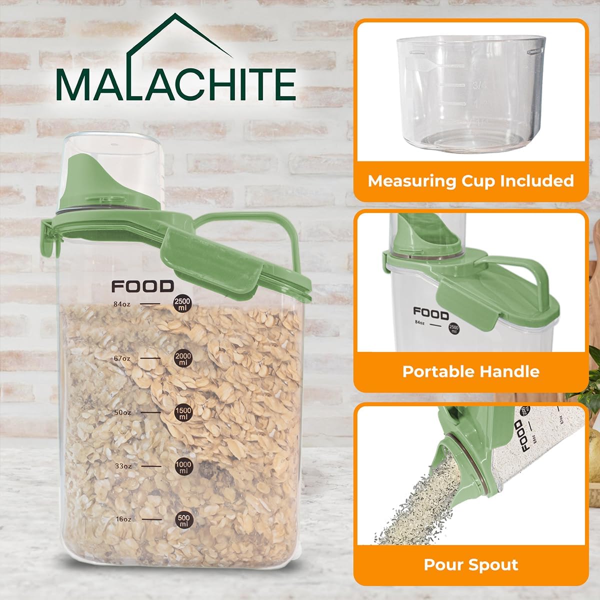 Two Pack Food & Cereal Storage Container - 2.6L Airtight Plastic Kitchen Organizer Bin with Pouring Spout, Measuring Cup Lid, Ideal for Dry Food, Rice, Sugar, Pet Food dispenser - BPA free (Green)