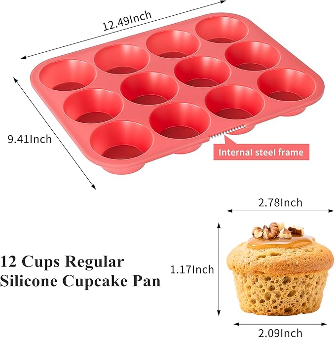 Bangp 12-Cup Silicone Muffin Pan with Metal Reinforced Frame,2 Pack Regular Size Cupcake Pan,Premium Non-Stick Bend Resistance Silicone Molds for Making Muffin,Cakes,Tart,Egg Bites (Red)