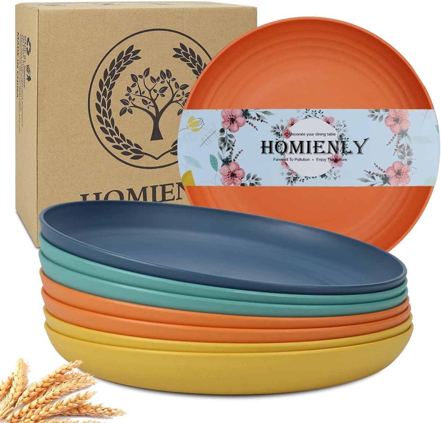 Homienly Deep Dinner Plates Set of 8 Alternative for Plastic Plates Microwave and Dishwasher Safe Wheat Straw Plates for Kitchen Unbreakable Kids Plate Set with 4 Colors (Classic Bright, 9 inch)