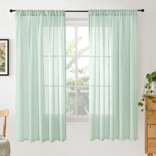 BGment Sage Green Linen Semi Sheer Curtains for Living Room 63 Inch Length - Light Filtering Drapes for Bedroom Dining Natural Rustic Spring Decorative Rod Pocket Lightweight, 2 Panels, 52 X 63 Inch