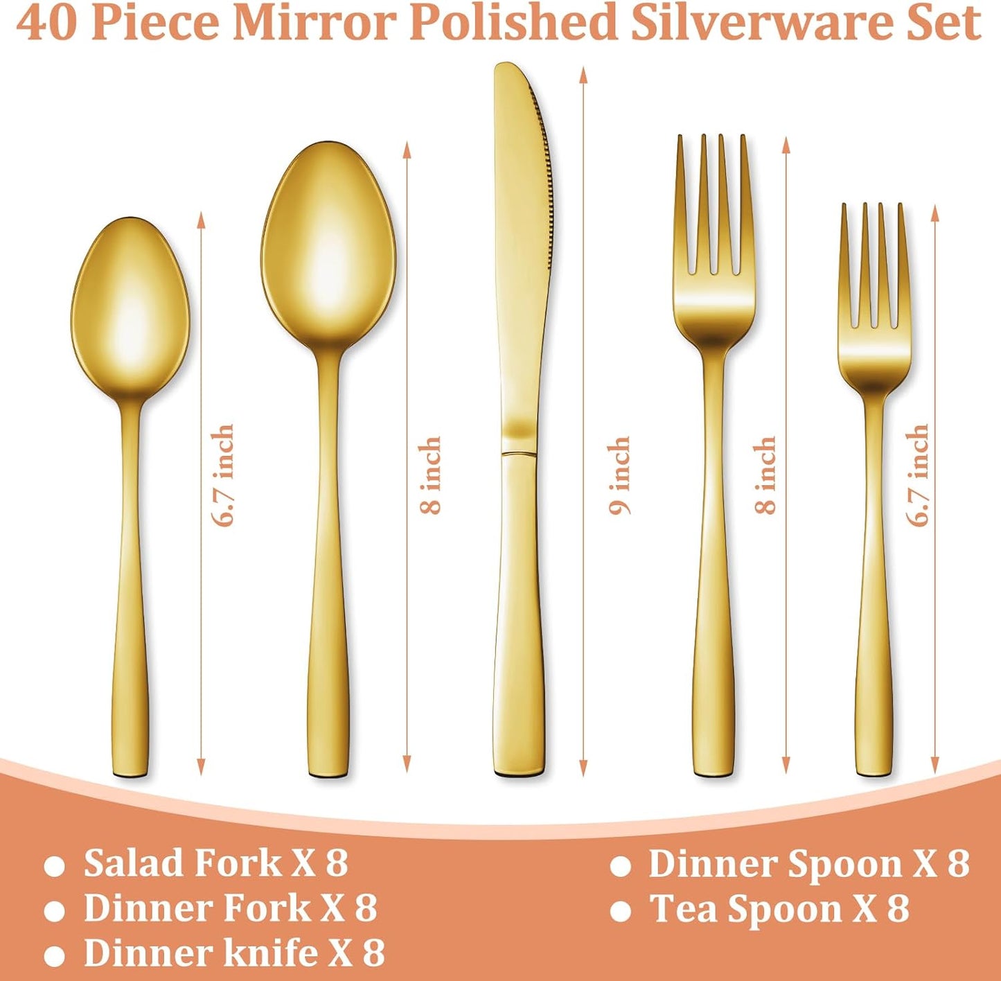40 Pcs Gold Silverware Set, Stainless Steel Flatware Set for 8, Food-Grade Cutlery Set, Mirror Polished Tableware Eating Utensils Set for Home Kitchen, Include Knife Fork Spoon Set, Dishwasher Safe