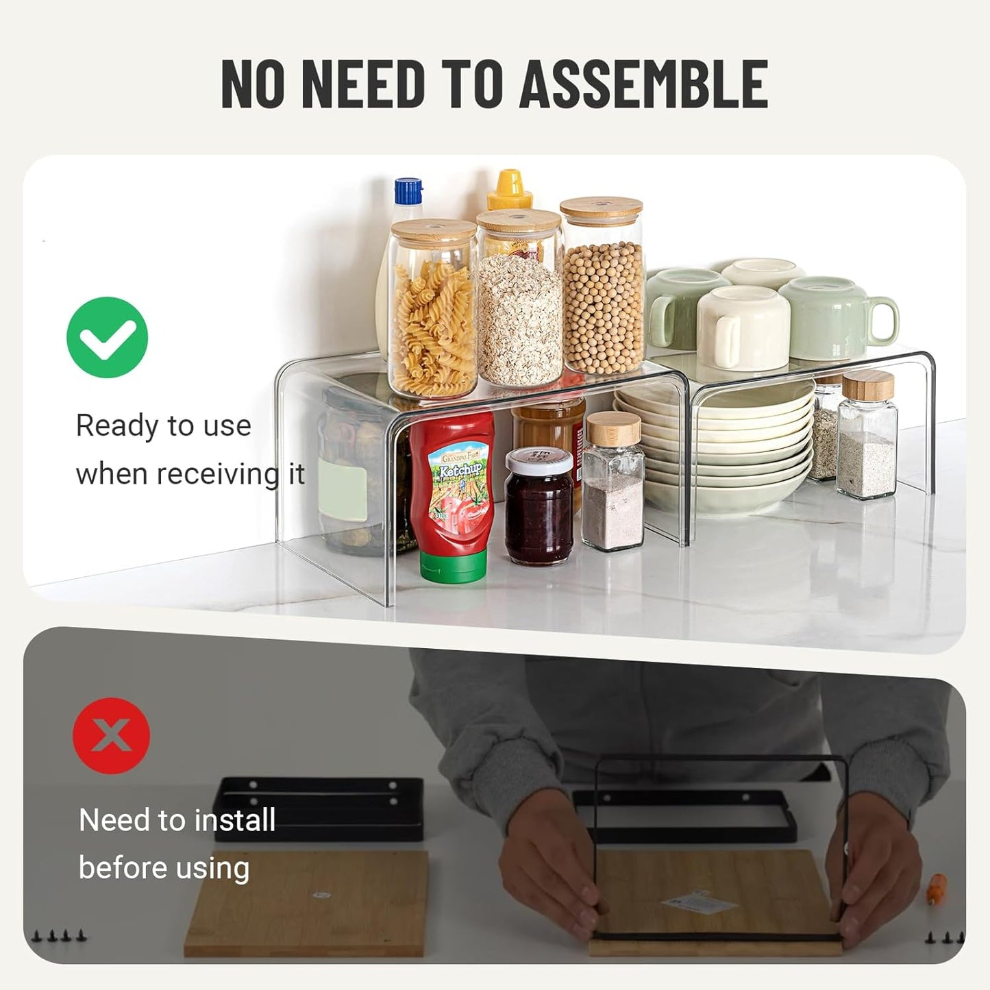 Clear Cabinet Organizer, Shelf Organizer Set of 2 for Kitchen Pantry Organizers and Storage, Display Cabinet Shelf Room Decor Countertop Desk Shelves, Patented Spice Organization for Cabinet