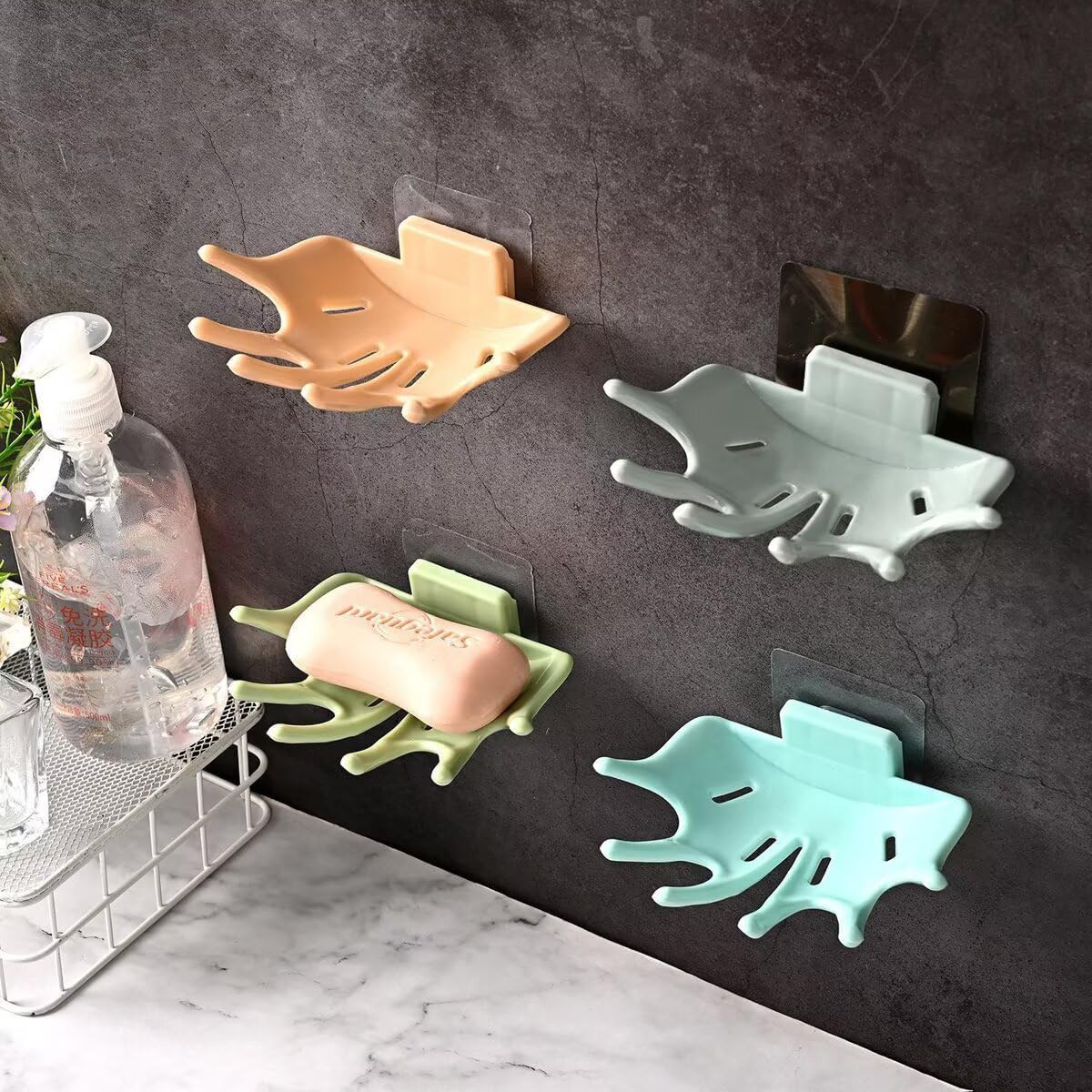 Creative Soap Holder for Shower - Wall Mounted Bathroom Soap Dish Organizer with Strong Adhesive Soap Tray for Kitchen Sink, Dish Soap Dispenser Holder,Green