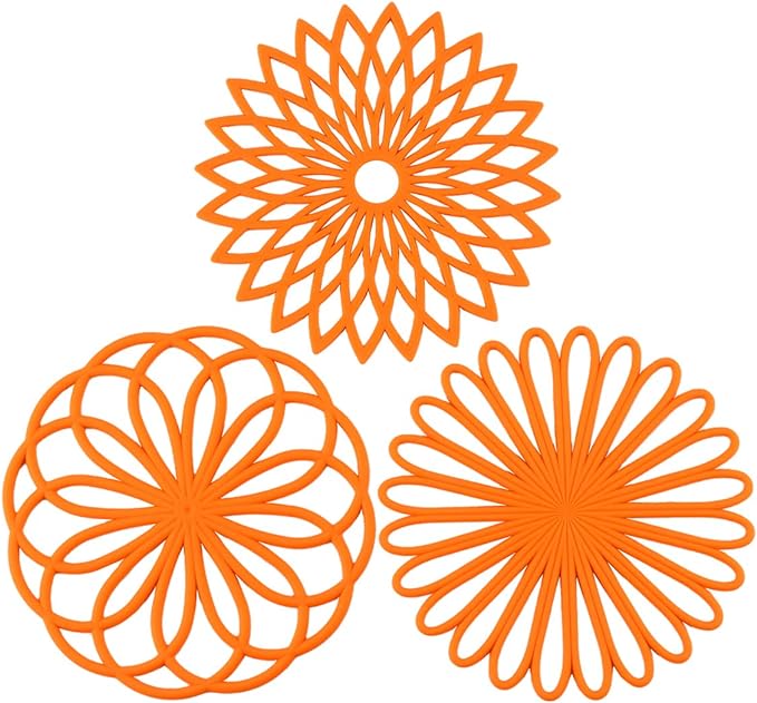 Set of 3 Silicone Trivet Mat - Hot Pot Holder Hot Pads for Table & Countertop - Trivet for Hot Dishes - Non-Slip & Heat Resistant Modern Kitchen Hot Pads for Pots & Pans, Orange
