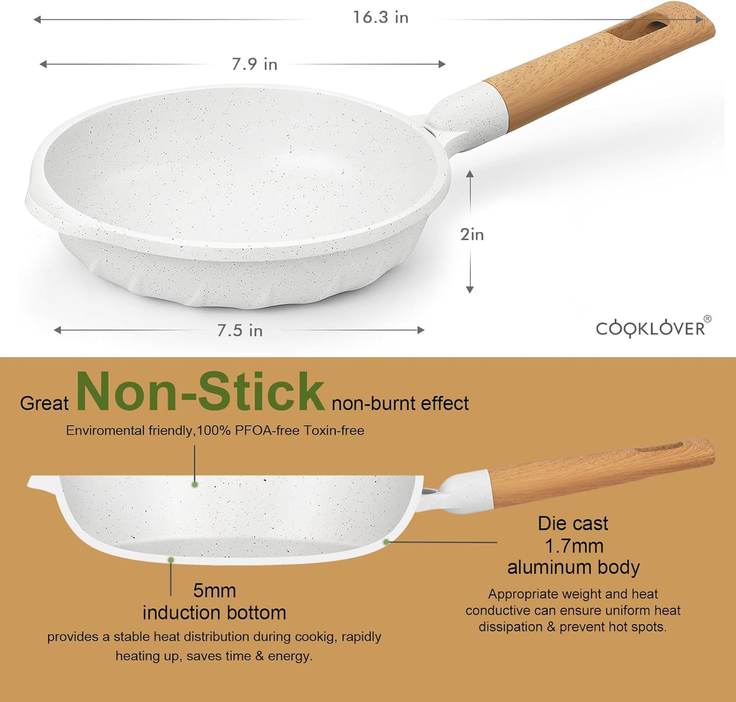 COOKLOVER Nonstick Frying Pan 100% PFOA Free Cookware Induction Skillet Stir Fry Pan (White, 7.9 inch)