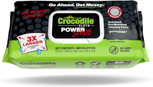 Crocodile Cloth PowerSCRUB Cleaning Wipes – 80 (15" x 10") Dual-Surface Cloths, Heavy-Duty, Moist, Absorbent, & Disposable - Safe on Skin & Multiple Surfaces