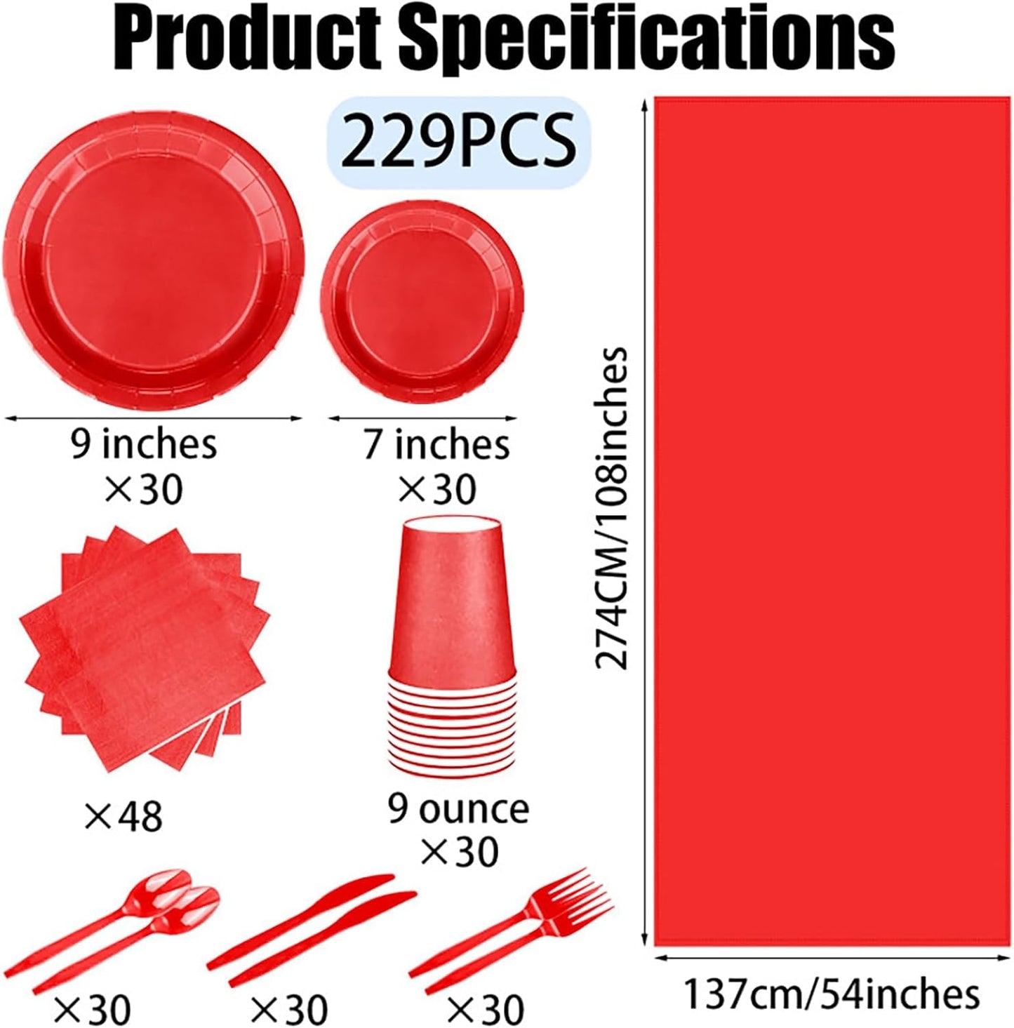 TWOWYHI 229PCS Red Party Supplies Set Paper Disposable Plates Cups Plastic Spoons Forks Knives Red Napkins for 30 Guests Disposable Party Dinnerware Sets for Wedding Birthday Parties