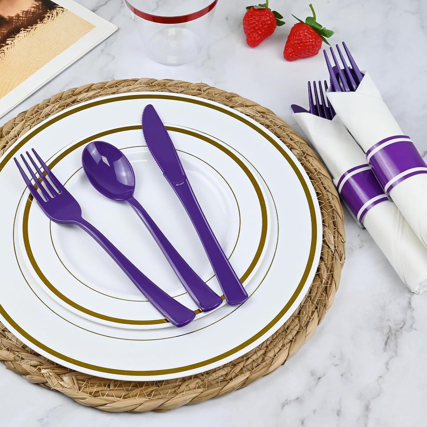 30 Pack Pre Rolled Purple Plastic Silverware with Napkins - Disposable Cutlery Set with Forks, Knives, Spoons & Linen-Like Dinner Napkins, Wrapped Plastic Utensils for Weddings, Parties & Events