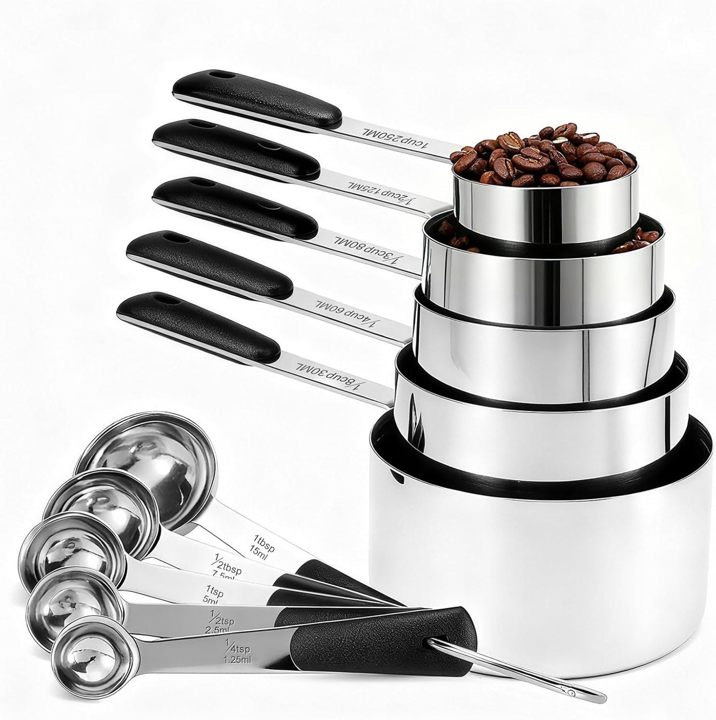 Measuring Cups and Spoons Set, Stainless Steel 10 Piece for Cooking and Baking (5 Cups + 5 Spoons, Black Handle)