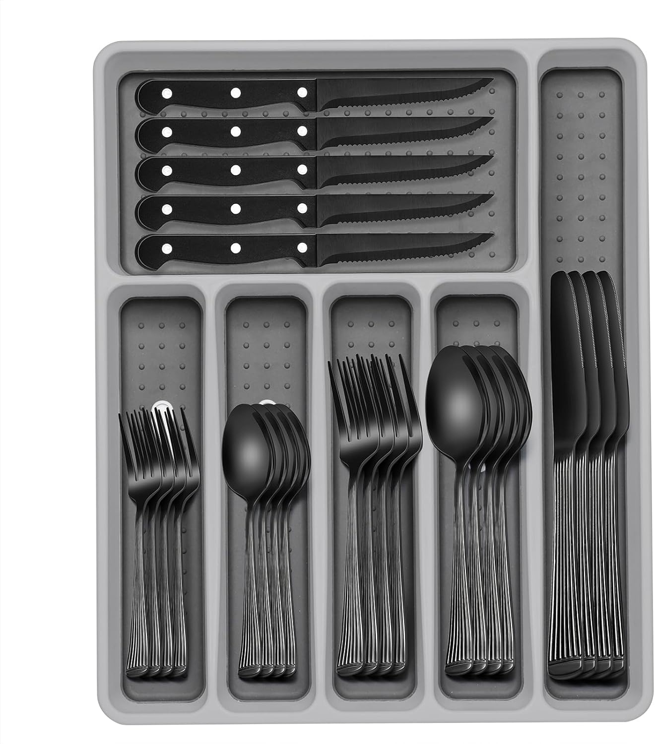 49-Piece Black Silverware Set with Organizer, Stainless Steel Roman Column Black Flatware for 8, Cutlery Utensil Sets with Steak Knives, Rust-proof, Mirror Polished, Dishwasher Safe