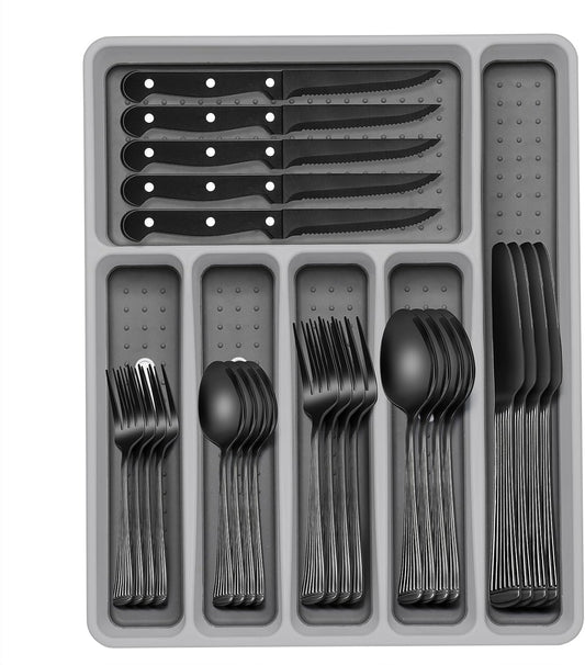49-Piece Black Silverware Set with Organizer, Stainless Steel Roman Column Black Flatware for 8, Cutlery Utensil Sets with Steak Knives, Rust-proof, Mirror Polished, Dishwasher Safe