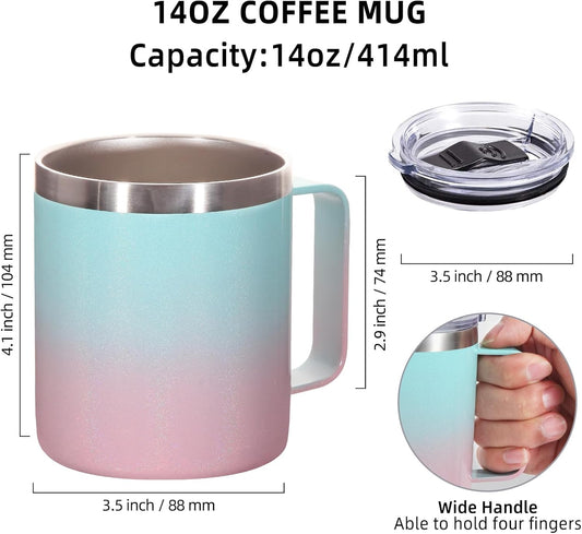 Volhoply 14oz Insulated Stainless Steel Coffee Mug with Lid Bulk 2 Pack,Double Wall Vacuum Travel Coffee Cup with Handle,Reusable Cups Tumbler,Camping Mugs Keep Hot,Ideal Gifts(Green Pink,2)