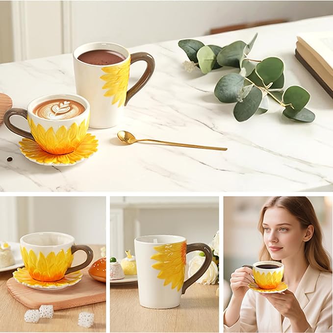 Ceramic Coffee Mug Set of 2-Sunflower Coffee Cups Sets Include 15 oz Large Coffee Mug,9 oz Wide Cappuccino Cup with a Saucer,3D Novelty Coffee Cups for Tea,Latte,Hot Cocoa,Milk,Unique Gifts for Women
