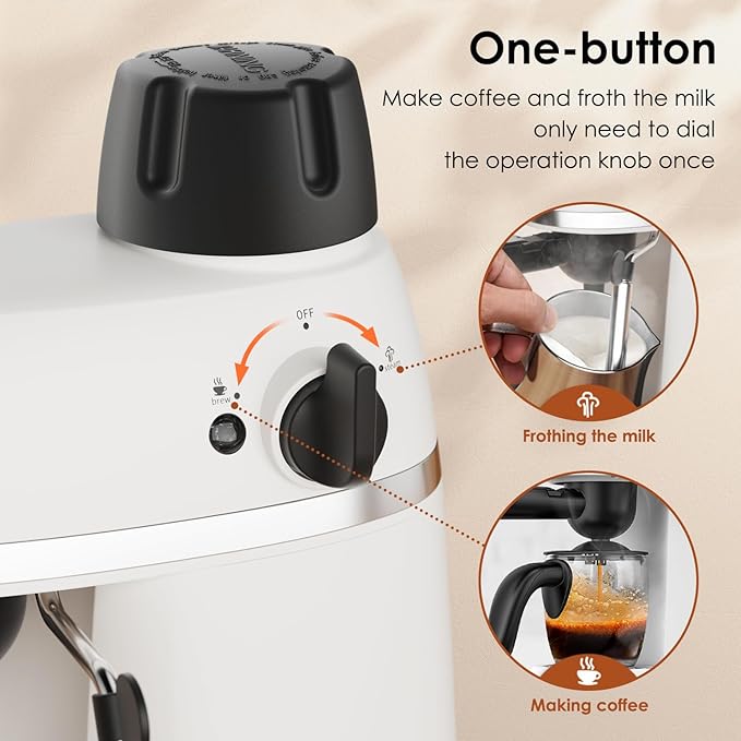 SOWTECH Coffee Machine, 3.5 Bar Espresso Cappuccino Machine with Milk Frother, 1-4 Cup Portable Coffee Maker for Latte, Cappuccino, 800W, White