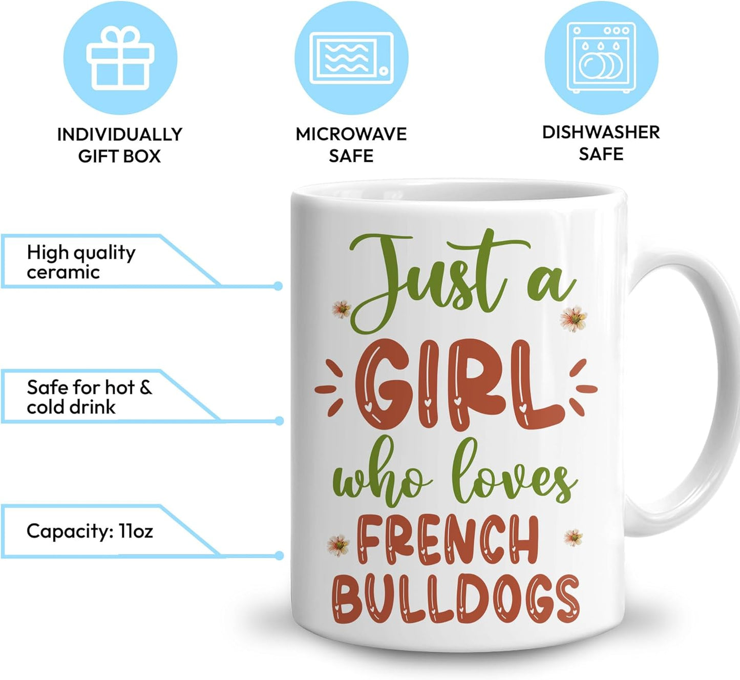 Hyturtle Personalized Gifts French Bulldog Lover - Just A Girl Who Loves French Bulldogs Custom Name Ceramic Coffee Mug Cup 11oz - Idea Cute Dog Lover Gifts For Women, Girl On Birthday, Christmas